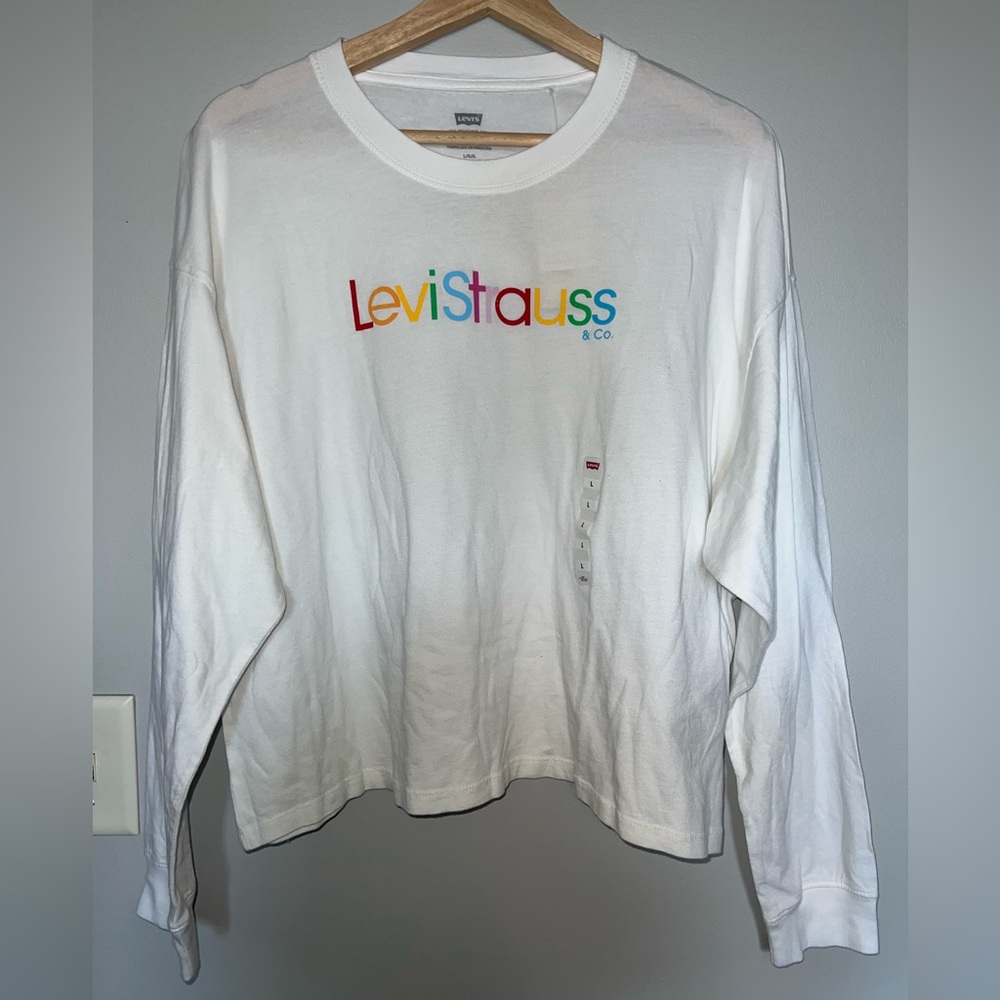 Levi’s Rainbow Logo Long Sleeve Tee White Drop Shoulder Crop Top Large NWT - Picture 2 of 14